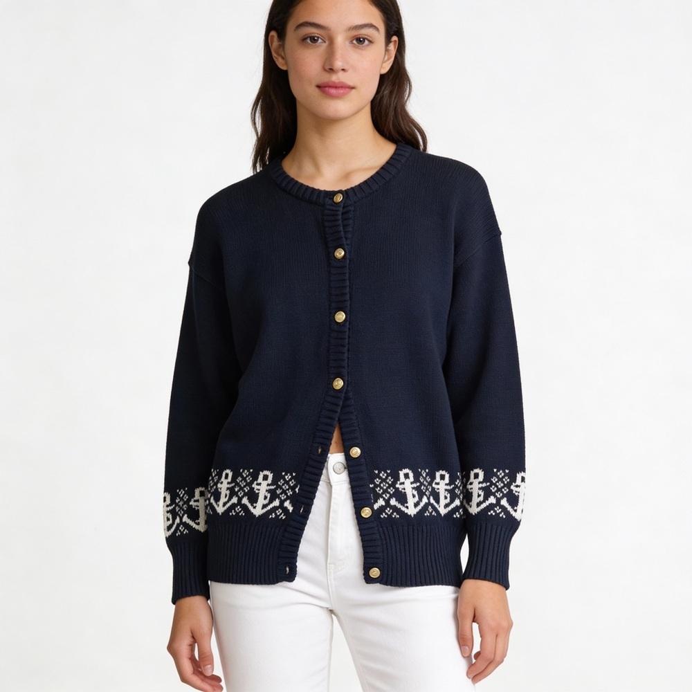 BURBERRY’S Vintage Button Down Navy Blue Anchor Cardigan